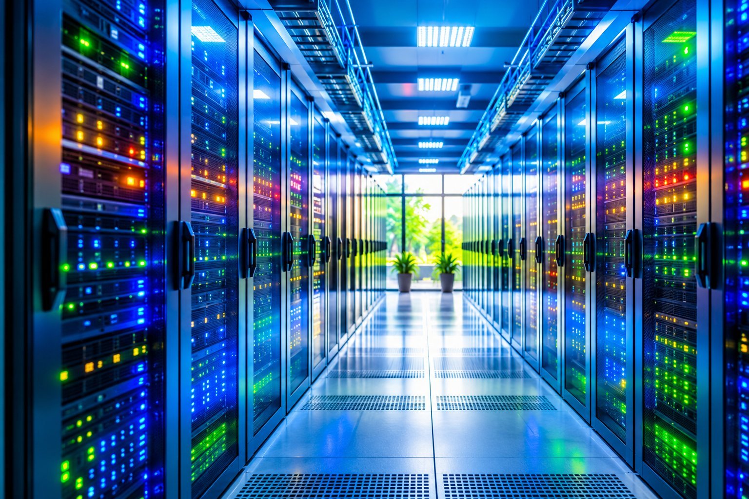 Data center server racks with status indicator lights