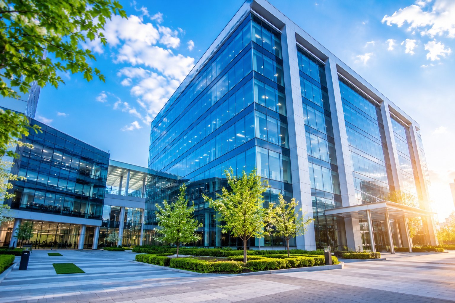 Modern glass office building on a clear day