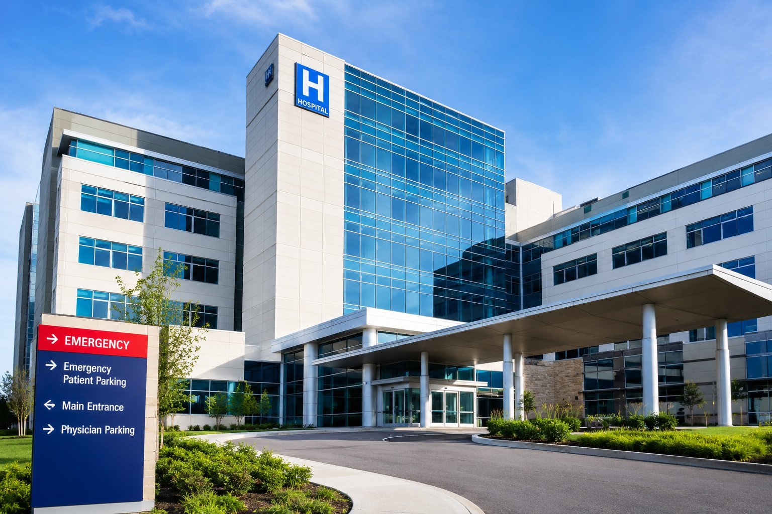 Modern hospital exterior with emergency and main entrance signage