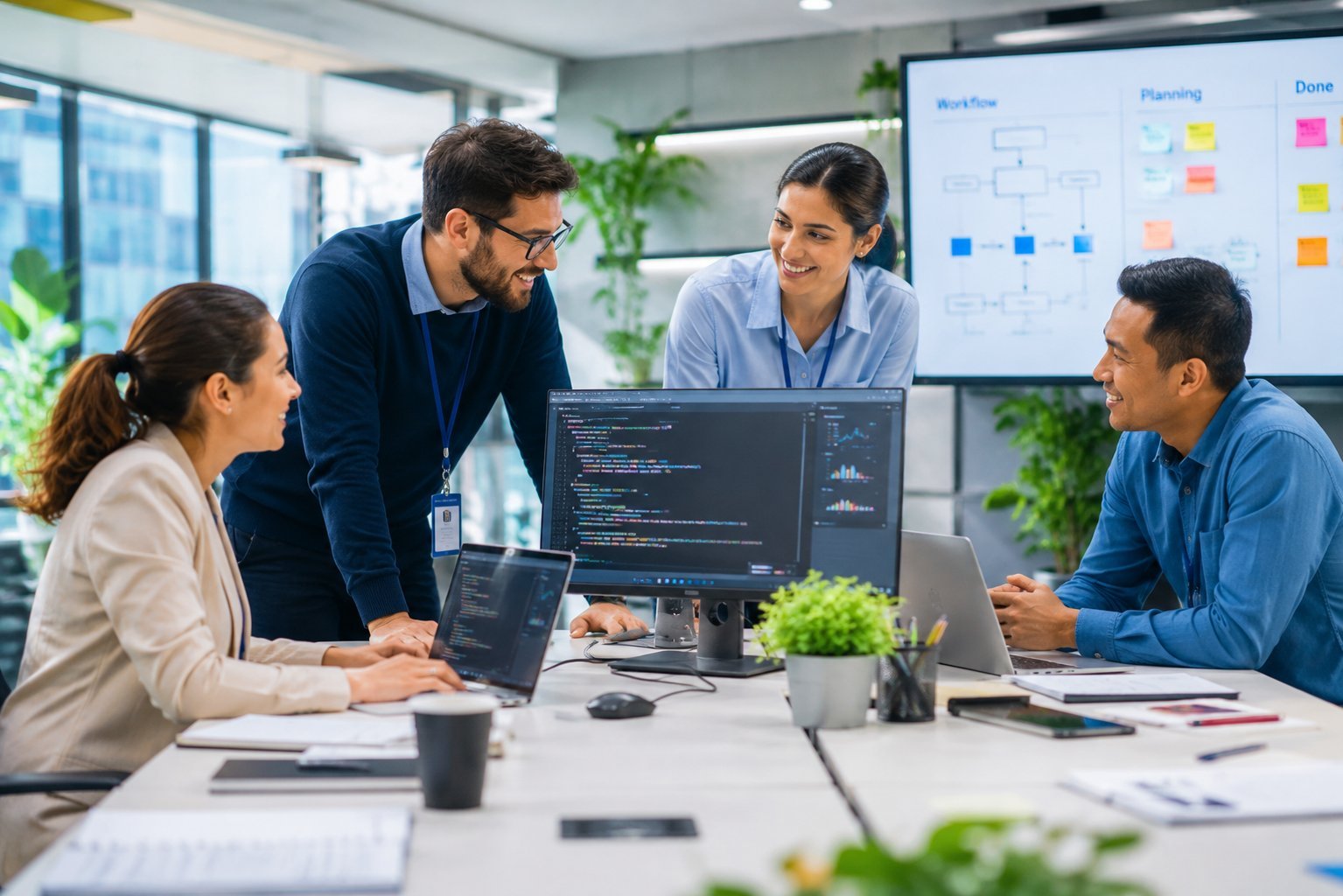 The Tristar team collaborating with a client around a workflow board